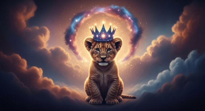 A majestic lion cub wearing a crown, set against a celestial background of clouds and cosmic energy.