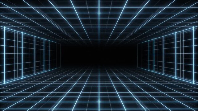 Experience a virtual journey in a glowing 3D grid environment