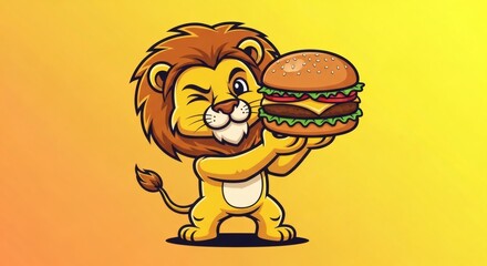 A cute cartoon lion winks while holding a delicious, large hamburger against a yellow and orange gradient background.