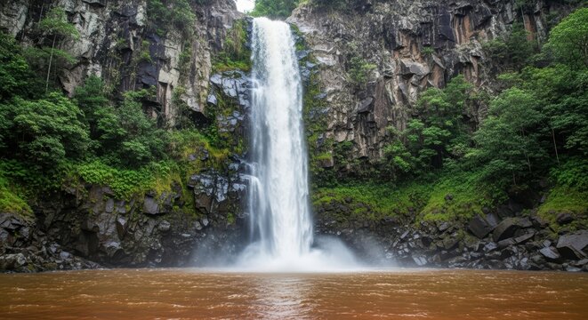 Waterfall Cascading Down Rocky Cliff into Murky Pool. Lush Green Vegetation on Cliffside Surrounding Waterfall. Dynamic Waterfall in Serene Verdant Natural Environment.