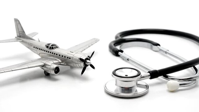 Metal plane and stethoscope sit on a white background, sharp focus