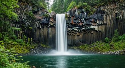 Waterfall Cascading Down Vertical Basalt Column Cliff. Dramatic Rock Formation with Misty Spray and Green Pool. Untouched Wilderness with Dark Textured Rock Face.
