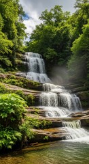 Obraz premium Cascading Waterfall Over Brown Rocks in Lively Forest. Dynamic Water Splash in Partly Cloudy Bright Setting. Multi-Tiered Waterfall with Dense Green Vegetation.