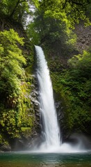 Obraz premium Tall Narrow Waterfall Cascading Down Mossy Rocky Cliff. Serene Waterfall in Secluded Lush Green Setting. Misty Waterfall Pool Surrounded by Dense Vegetation.