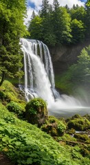 Fototapeta premium Cascading Waterfall Against Lush Green Backdrop. Misty Waterfall with Multiple Streams on Rocky Cliff. Serene Waterfall in Dense Vibrant Forest Setting.