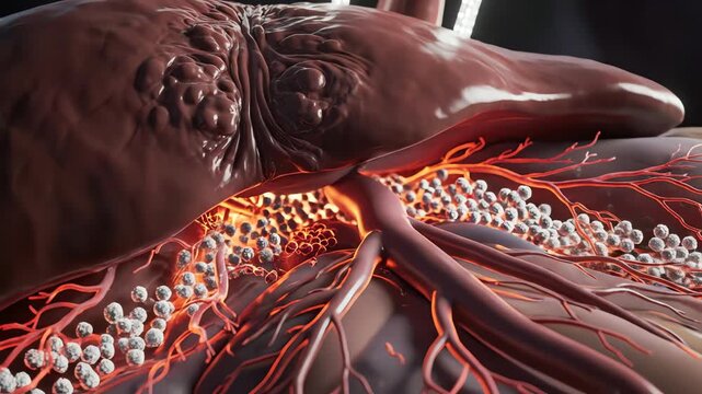 Liver under dengue infection, swollen tissue glowing with inflamed capillaries, immune cells flooding sinusoids