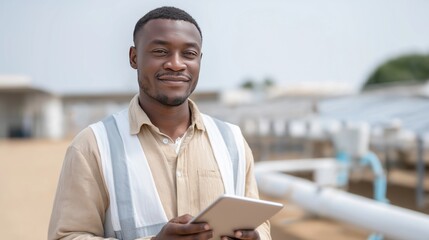 An African male engineer stands with a tablet near solar panels, smiling confidently. The image promotes renewable energy, sustainability, and professional innovation