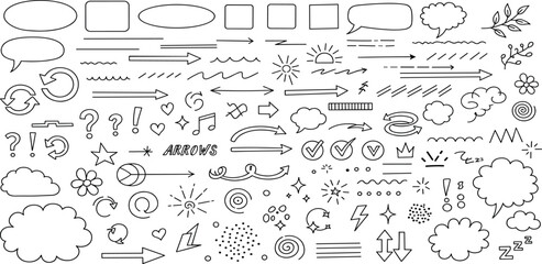 A diverse collection of hand-drawn botanical elements featuring various flowers, leaves, and plants in a simple black silhouette style for graphic design