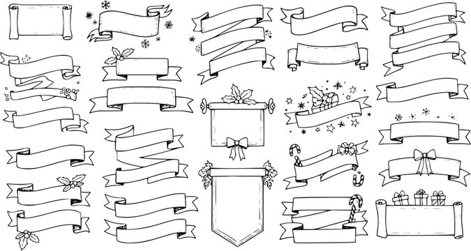 Hand Drawn Christmas and Holiday Ribbon Banners, Scrolls, and Labels Collection. Vintage Doodle Sketch Set with Holly, Snowflakes, Gifts, and Candy Canes for Festive Design.