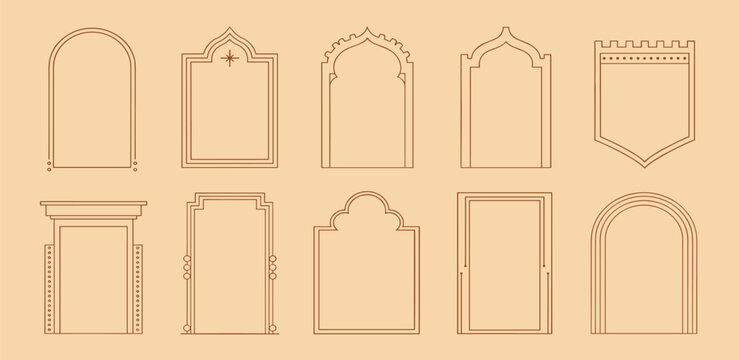 Collection of ornate architectural archway and window frame designs in a warm tan color palette