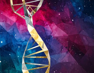 A geometric DNA helix against a textured cosmic watercolor backdrop