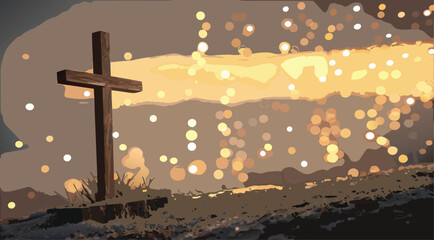 Wooden Christian Cross with Warm Bokeh Lights Background