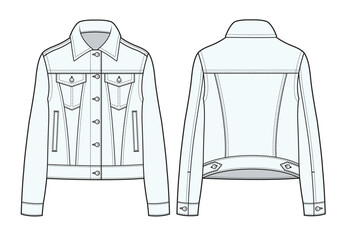 Female denim jacket front and back view technical flat drawing vector mockup template.