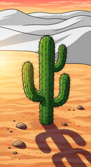 Standing Cactus in Desert Landscape with Dunes and Warm Sky
