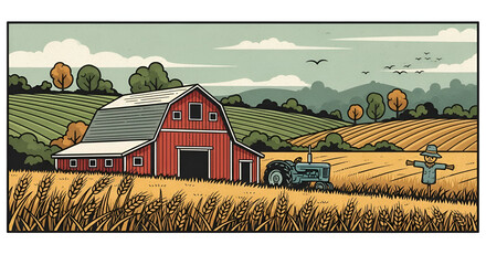 Classic Rural Farm Landscape with Barn, Tractor, and Wheat Field Illustration