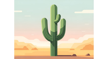 Standing Tall Cactus in Desert Landscape Flat Design Illustration