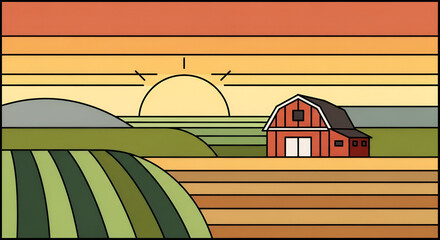 Farm Landscape with Barn at Sunset Stylized Illustration