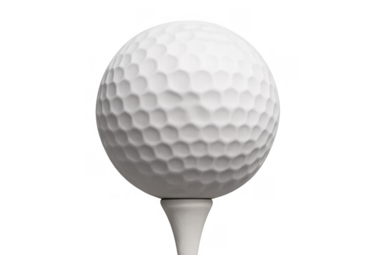Golf ball resting on a white tee, representing sport, success, precision, and challenge with a transparent background