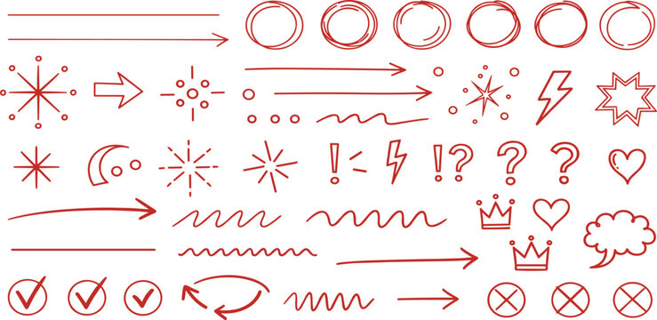 Hand-drawn Red Doodle Elements Set Arrows, Circles, Symbols, and More for Design