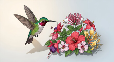 Hummingbird Flying Near Floral Arrangement with Hibiscus Flower