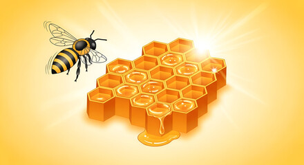 Flying Bee Near Honeycomb with Dripping Honey on Golden Background