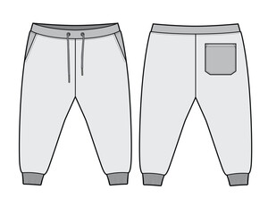 Boys oversized joggers front and back view technical flat design vector mockup template.