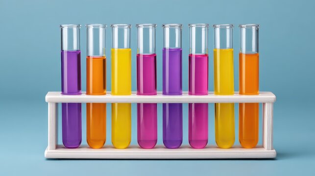 Colorful liquid science experiment in test tubes on a laboratory rack showcasing various vibrant hues against a light blue background for educational purposes