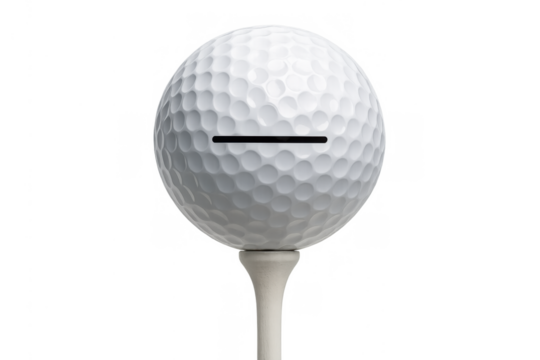 Golf ball piggy bank standing on tee, symbolizing savings, retirement investments, and financial planning for future goals