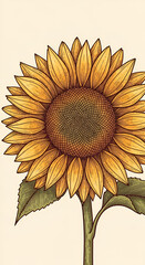 Sunflower Illustration with Detailed Petals and Stem