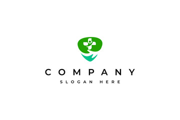 healthcare logo with health cross symbol and safety shield in flat vector design style