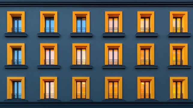 Modern architectural design featuring a series of vibrant windows illuminated at dusk, showcasing a striking contrast with blue-gray facade and warm orange accents.