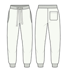 men's joggers front and back view flat drawing vector design mockup template.