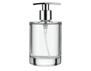  Clear Glass Pump Bottle With Silver Dispenser, Front View Minimalist Display, Isolated on Transparent Background