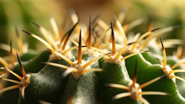 Close-up of a green cactus with sharp, yellow, and dark spines