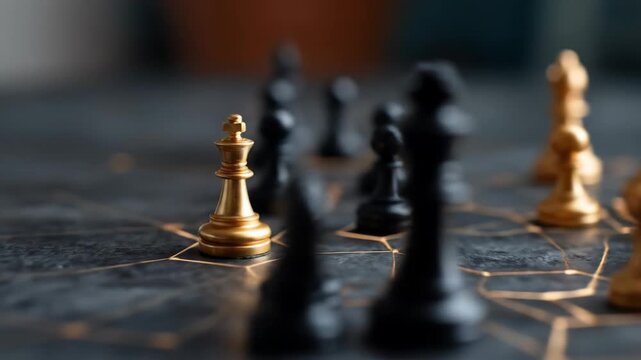 Chess game concept with strategy and tactics golden king piece at center focus