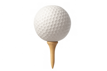 Golf ball with dimples resting on a wooden tee, isolated on transparent background, symbolizing sport, precision, and leisure