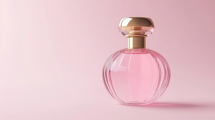Elegant pink perfume bottle with a round stopper on a soft pink background