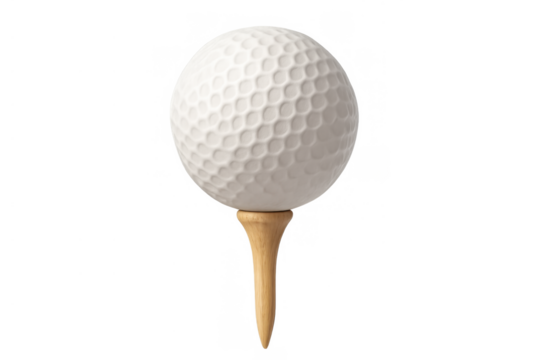 Golf ball with dimples resting on a wooden tee, isolated on transparent background, symbolizing sport, precision, and leisure