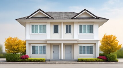 Modern Duplex Residence Surrounded by Vibrant Landscaping and Clear Blue Sky, Exemplifying Contemporary Housing Design and Curb Appeal for Homebuyers and Investors
