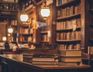 Pile of vintage books in a classic reading room, surrounded by aged shelves and warm ambient lighting.
