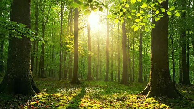 Sunlit forest floor with trees, moss, and green foliage above