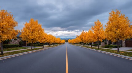 Obraz premium Tranquil Autumn Street Scene with Vibrant Yellow Trees Lining a Quiet Urban Road Under Overcast Sky in a Suburban Neighborhood