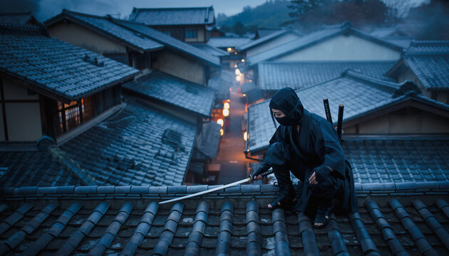 Ninja Standing on Traditional Rooftops at Night