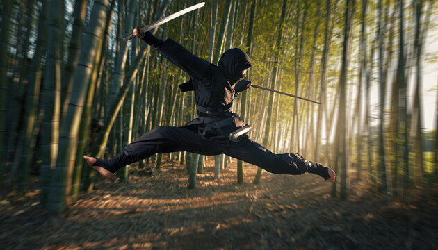 Ninja Warrior Jumping Through Bamboo Forest