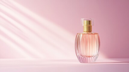 Elegant perfume bottle on a pink background with light rays shining through