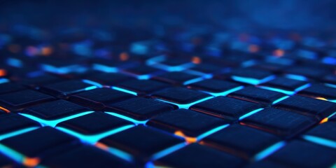 Obraz premium Cyberpunk video backdrop, A close-up view of a textured surface featuring dark squares illuminated by vibrant blue and orange light, creating a visually striking pattern.