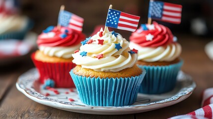 Festive cupcakes decorated with american flags and red, white, and blue sprinkles
