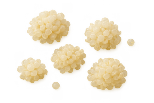 Light golden fish roe pearls transparently floating, delicious seafood delicacy for gourmet cuisine, isolated on checkerboard background