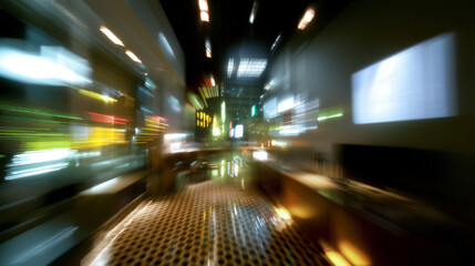 Dynamic abstract image of colorful city lights and reflections with motion blur in a modern nighttime interior setting.