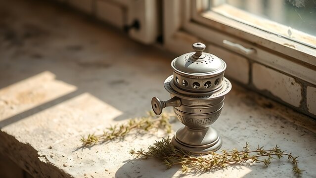 nowhere. Antique silver sprinkler on stone ledge with dried herbs nearby. lifestyle magazines, social media lookbooks, designed for lifestyle magazines and social media content, strengthens branding.